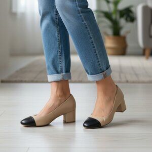 DESIGNER J. CREW BEIGE/BLACK TWO -TONE ROUND TOE 2.25" BLOCK HEEL SIZE 8.5 M